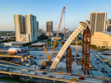 Photo for Miami, FL, USA - December 14, 2022: Aerial drone photo of the new Signature Bridge Downtown Miami under construction - Royalty Free Image