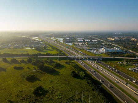 Photo for Aerial photo of morning fog over highway - Royalty Free Image