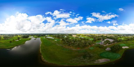Téléchargez les photos : Davie, FL, USA - January 4, 2022: Aerial 360 equirectangular photo of Grande Oaks Golf Club f ilming location of movie Caddyshack - en image libre de droit