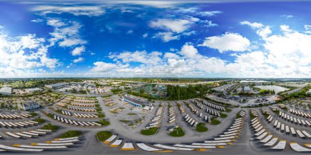 Photo for Aerial 360 equirectangular photo of a parking lot for school busses - Royalty Free Image