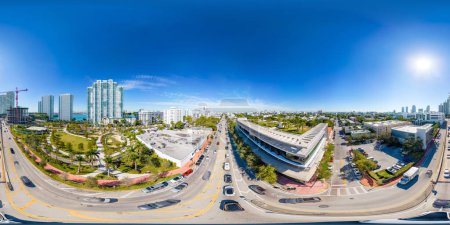 Photo for Miami Beach, FL, USA - January 10, 2023: Aerial equirectangular photo Miami Beach Canopy Park and Baptist Health - Royalty Free Image