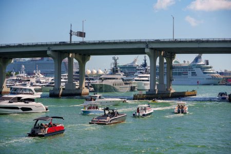Photo for Miami, FL, USA - February 19, 2023: Photo of the Miami International Boat Show Venetian Causeway staging area - Royalty Free Image