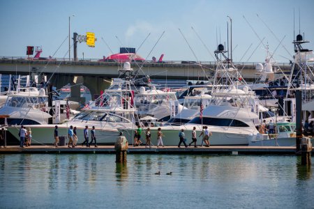 Téléchargez les photos : Miami, FL, USA - February 19, 2023: Photo of the Miami International Boat Show Venetian Causeway staging area - en image libre de droit
