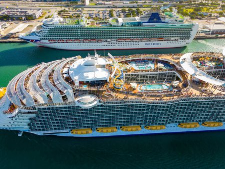 Photo for Miami, FL, USA - March 26, 2023: Aerial drone photo Allure of the Seas at Port Miami full of tourists traveling - Royalty Free Image