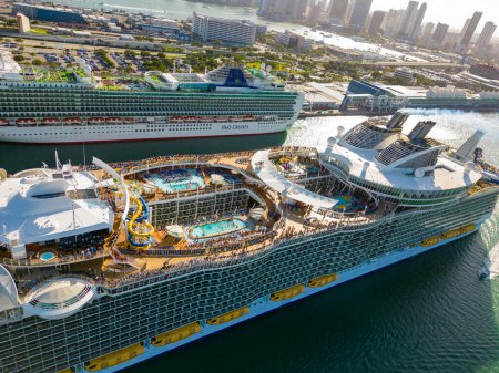 Photo for Miami, FL, USA - March 26, 2023: Aerial drone photo Allure of the Seas at Port Miami full of tourists traveling - Royalty Free Image