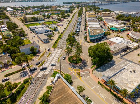 Photo for Stuart, FL, USA - July 1, 2023: Aerial photo historic Downtown Stuart businesses and shops - Royalty Free Image