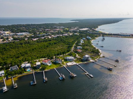 Aerial photo luxury waterfront homes with dock Gulf Breeze Florida USA