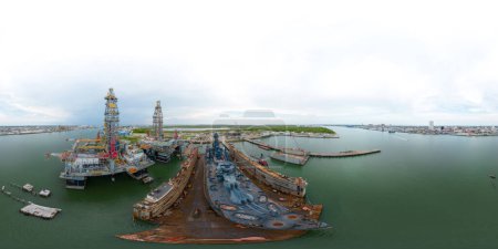 Photo for Galveston, TX, USA - July 23, 2023: Aerial drone 360 photo Gulf Copper Dry Dock Rig Repair Galveston Texas - Royalty Free Image
