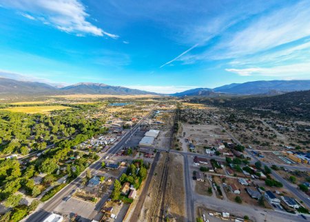 Aerial photo Buena Vista residential and industrial by railroad tracks Colorado