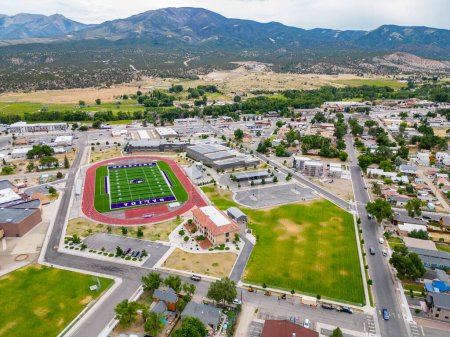 Photo for Salida, CO, USA - July 27, 2023: Aerial photo Salida High School - Royalty Free Image