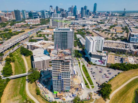Photo for Dallas, TX, USA - July 28, 2023: Aerial drone inspection photo Dallas Urby Apartments construction - Royalty Free Image