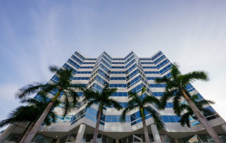 Foto de Bajo ángulo amplio edificio de oficinas de fotos con palmeras. Larga exposición con desenfoque de movimiento en los árboles - Imagen libre de derechos