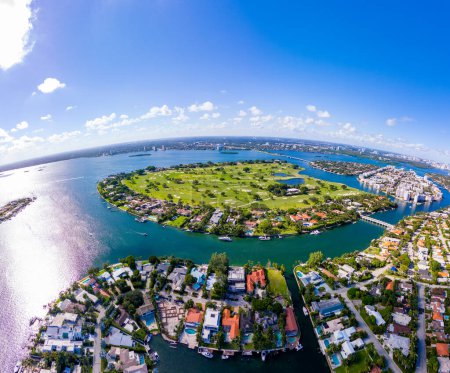 Photo for Aerial stock image Miami Beach Indian Creek Island and bay. Super wide angle fisheye lens - Royalty Free Image