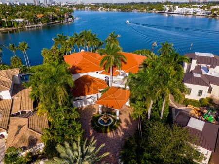 Photo for Miami Beach, FL, USA - October 6, 2023:  Aerial drone photo of a luxury waterfront mansion home on Allison Island Miami Beach Florida - Royalty Free Image