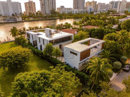 Photo for Miami Beach, FL, USA - October 6, 2023:  Aerial drone photo of a luxury waterfront mansion home on Allison Island Miami Beach Florida - Royalty Free Image