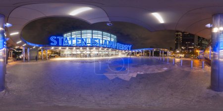 Photo for New York, NY, USA - October 27, 2023: 360 night photo New York Staten Island Ferry terminal neon blue sign - Royalty Free Image