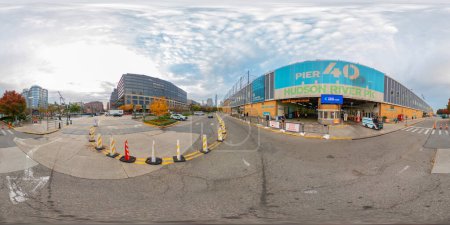 Photo for New York, NY, USA - October 27, 2023: 360 equirectangular photo docks by the Hudson River Greenway NYC Manhattan360 photo Pier 40 New York equirectangular vr image - Royalty Free Image