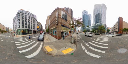 Photo for New York, NY, USA - October 27, 2023: Riverbank Starbucks and Volvo at NYC intersection. 360 VR equirectangular photo - Royalty Free Image