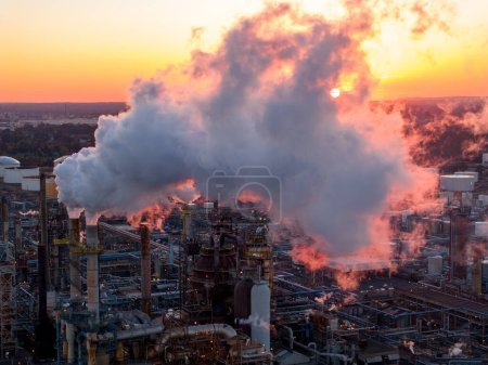 Foto de Humo y gases de combustión vistos en una refinería de petróleo industrial - Imagen libre de derechos
