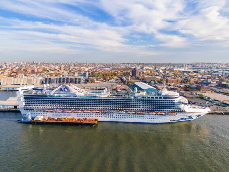 Photo for Red Hook, NY, USA - October 27, 2023: Aerial drone photo of the Caribbean Princess at Red Hook New York - Royalty Free Image