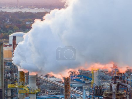 Photo for Smoke and flue gas seen at an industrial oil refinery plant - Royalty Free Image