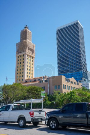 Photo for Miami, FL, USA - February 21, 2024: Old and new towers at Downtown Miami Freetom Tower next to  Elser hotel - Royalty Free Image