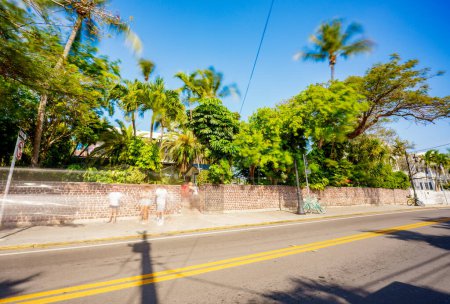 Téléchargez les photos : Vue sur la rue de la maison Hemmingway à Key West Florida 2024. Longue exposition au flou du mouvement chez les humains et les arbres - en image libre de droit