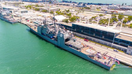 Aerial drone photo Miami Fleet Week USS navy ships at Port Miami circa 2024