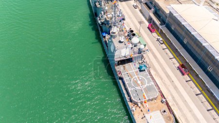 Photo for Aerial drone photo Miami Fleet Week USS navy ships at Port Miami circa 2024 - Royalty Free Image