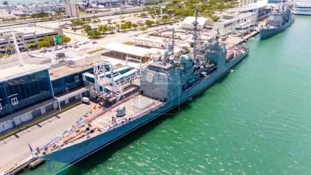 Aerial drone photo Miami Fleet Week USS navy ships at Port Miami circa 2024