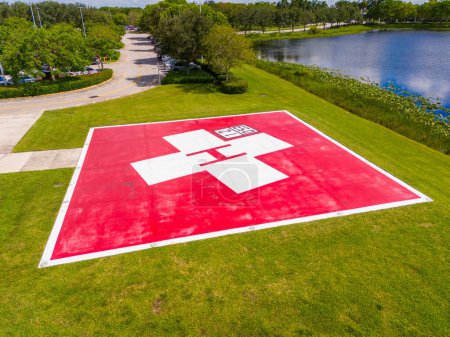 Hospital helicopter landing area. Red painted H helipad
