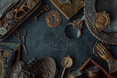 Photo for Antique background with old things, set of antiques treasures from the past. Conceptual photo on the theme of nostalgia, childhood memories. Vintage banner flat lay with place for text - Royalty Free Image