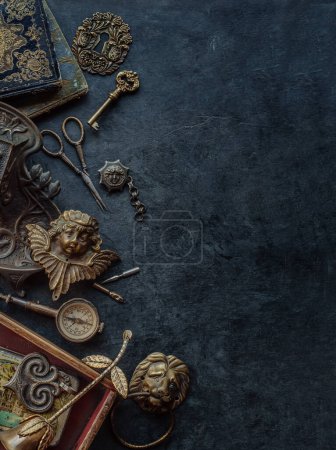 Photo for Antique background with old things, set of antiques treasures from the past . Conceptual photo on the theme of nostalgia, childhood memories. Vintage banner flat lay with place for text - Royalty Free Image
