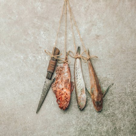 Foto de Red and white uncooked fish hanging by the wall tied with rope along with knife in front of texture background - Imagen libre de derechos