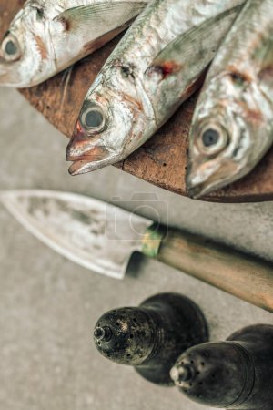 Foto de White fish heads on top of wooden chopping board with rusty knife, salt and pepper on texture background - Imagen libre de derechos