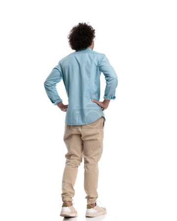 Photo for Back view of casual man holding his hips while standing on white background - Royalty Free Image