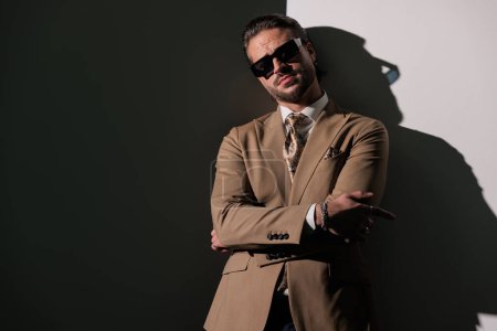 Photo for Handsome man wearing brown suit with sunglasses looking forward and crossing arms in front of grey background - Royalty Free Image