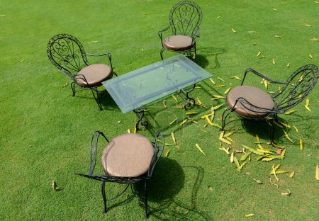 Téléchargez les photos : Quatre chaises en métal et une table en verre dans une pelouse herbeuse - en image libre de droit