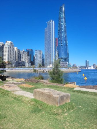 Téléchargez les photos : Barangaroo Reserve face aux gratte-ciel du CBD à Sydney, en Australie, par une journée ensoleillée - en image libre de droit