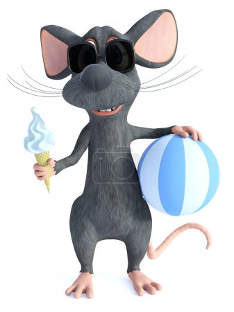 Téléchargez les photos : Rendu 3D d'une souris de dessin animé souriante cool portant des lunettes de soleil et mangeant de la crème glacée tout en tenant une balle de plage rayée bleue. Fond blanc. - en image libre de droit