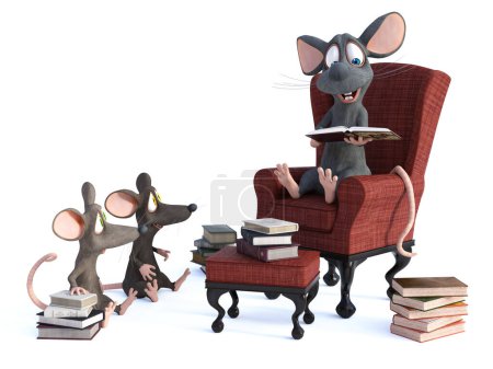 Téléchargez les photos : Rendu 3D de souris dessin animé souriant mignon assis dans un fauteuil confortable, lecture livre à haute voix pour deux souris enfants. Des tas de livres par terre. Fond blanc avec copyspace. Concept de lecture. - en image libre de droit