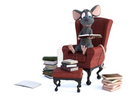 Téléchargez les photos : Rendu 3D de souris dessin animé sourire mignon assis dans un fauteuil confortable, tenant un livre qu'il lit. Des tas de livres par terre. Fond blanc avec copyspace. - en image libre de droit
