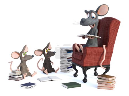 Téléchargez les photos : Rendu 3D de souris dessin animé souriant mignon assis dans un fauteuil confortable, lecture livre à haute voix pour deux souris enfants. Des tas de livres par terre. Fond blanc avec copyspace. Concept de lecture. - en image libre de droit