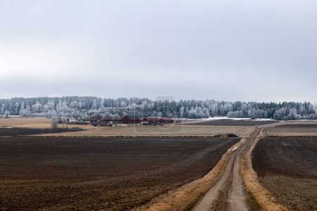 Foto de Granero de granja y casa en el paisaje de primavera con árboles helados - Imagen libre de derechos