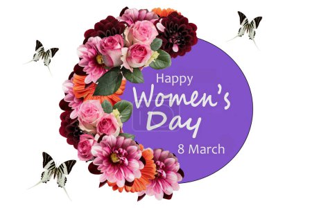 Photo for Happy March 8th International Women's Day Background. Collage of photos of flowers and butterflies flat lay greeting card template. Illustration. - Royalty Free Image