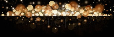 Photo for Beautiful sparkly blurred gold toned glitter bokeh banner over black background. Perfect for New Years Day or Christmas. - Royalty Free Image