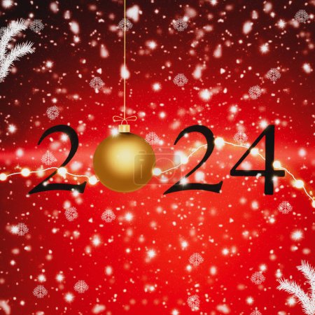 Photo for New Year's 2024 red snowy Christmas winter background with falling snow and gold ornament hanging from top. - Royalty Free Image