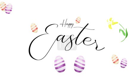 Photo for Illustrated Happy Easter sign decorated with colorful Easter eggs isolated over a pure white background. - Royalty Free Image