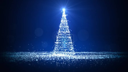 Foto de Feliz Navidad concepto tarjetas de felicitación regalos. Árbol de Navidad con luz brillante con partículas, copos de nieve que caen, y estrellas, fondo azul 3d Rendering - Imagen libre de derechos