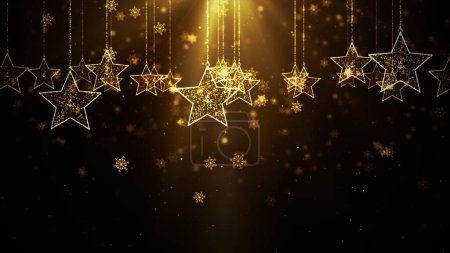 Fondo oro Feliz Navidad Concepto Tarjetas de felicitación Regalos. Estrella de Navidad forma y luz brillante con partículas que caen copos de nieve